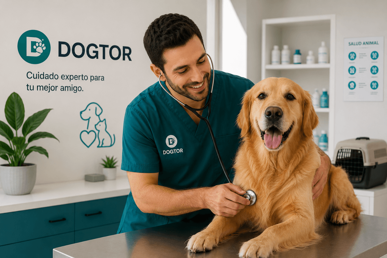 Veterinario de DOGTOR atendiendo con cariño a un Golden Retriever